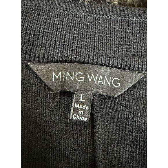 Ming Wang Open Knit Cardigan Women Large Black Faux Fur Trim Dolman Sleeves - Picture 10 of 11